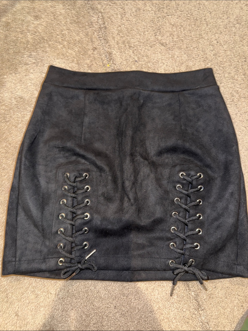 Black Lace-Up Suede Mini Skirt